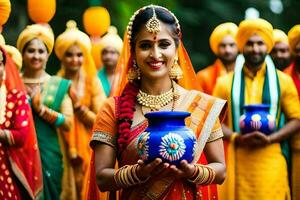 une femme dans traditionnel Indien tenue en portant une pot. généré par ai photo