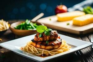 une assiette de nourriture avec spaghetti et Viande sur il. généré par ai photo