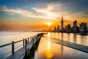 le Soleil ensembles plus de le ville horizon dans Dubai. généré par ai photo