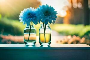 deux bleu fleurs dans des vases sur une tableau. généré par ai photo