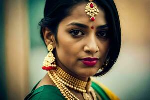 une magnifique Indien femme portant bijoux et une vert sari. généré par ai photo