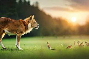 une chien et des oiseaux dans une champ à le coucher du soleil. généré par ai photo