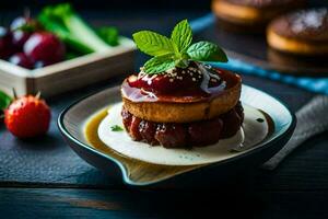 une assiette avec une dessert et une bol de fruit. généré par ai photo