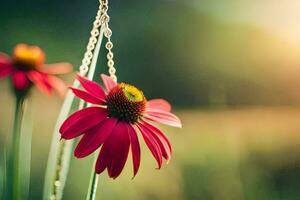 deux rouge fleurs pendaison de une chaîne. généré par ai photo