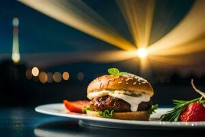 une Hamburger sur une assiette avec une vue de le Eiffel la tour. généré par ai photo