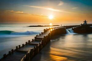 une jetée avec vagues s'écraser dans il à le coucher du soleil. généré par ai photo