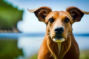 une marron chien avec longue oreilles permanent dans de face de le l'eau. généré par ai photo