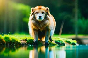une chien permanent sur le bord de une étang. généré par ai photo