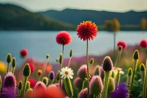 coloré fleurs dans de face de une lac. généré par ai photo