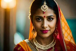 une magnifique Indien femme portant une traditionnel sari. généré par ai photo