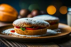 deux des pâtisseries sur une en bois assiette avec sucre. généré par ai photo