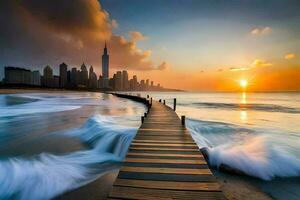 le Soleil monte plus de le ville horizon dans Dubai. généré par ai photo