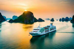 une croisière navire dans le océan à le coucher du soleil. généré par ai photo