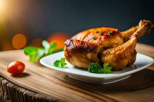 une poulet sur une assiette avec tomates et herbes. généré par ai photo