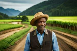 une homme dans une chapeau permanent dans une champ. généré par ai photo