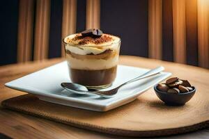 le café et Chocolat dessert est servi sur une blanc plaque. généré par ai photo