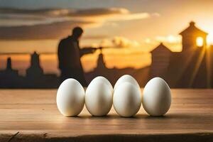 cinq des œufs sur une table avec une homme dans le Contexte. généré par ai photo