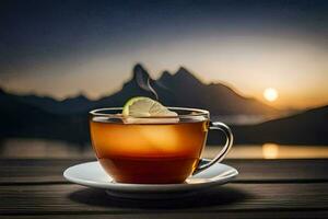 une tasse de thé avec une tranche de citron sur Haut. généré par ai photo