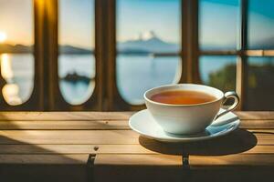 une tasse de thé sur une en bois table avec une vue de le lac. généré par ai photo