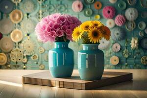 deux des vases avec fleurs sur une en bois tableau. généré par ai photo