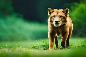 une Lion en marchant par une champ. généré par ai photo