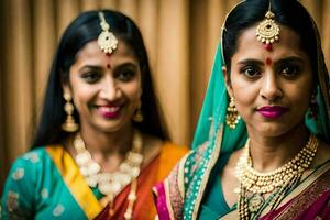 deux femmes dans traditionnel Indien tenue. généré par ai photo