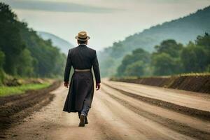 homme dans une chapeau et manteau en marchant vers le bas une saleté route. généré par ai photo