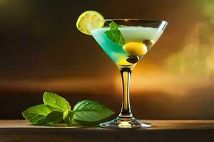 une cocktail avec une vert olive et une tranche de citron. généré par ai photo