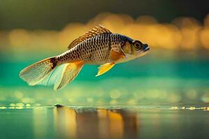 une poisson est en volant plus de l'eau avec une vert Contexte. généré par ai photo