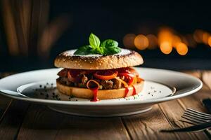 une Hamburger avec sauce et fromage sur une blanc plaque. généré par ai photo