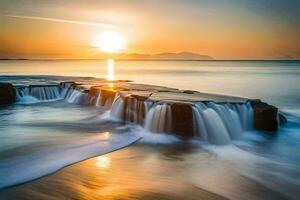 une magnifique le coucher du soleil plus de le océan avec cascades. généré par ai photo