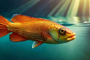 une poisson nager dans le l'eau avec lumière du soleil brillant. généré par ai photo