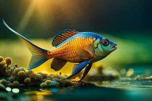 une poisson avec brillant couleurs est nager dans le l'eau. généré par ai photo