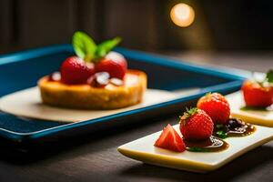 Trois petit assiettes avec dessert sur eux. généré par ai photo