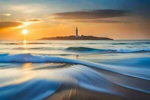 le phare à coucher de soleil, vagues s'écraser sur le plage, océan, phare, lever du soleil, horizon,. généré par ai photo