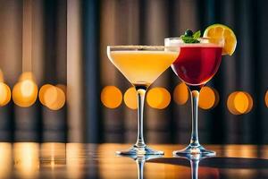 deux des cocktails asseoir sur une table dans de face de une flou Contexte. généré par ai photo