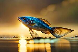 une poisson est permanent sur le l'eau avec le Soleil dans le Contexte. généré par ai photo