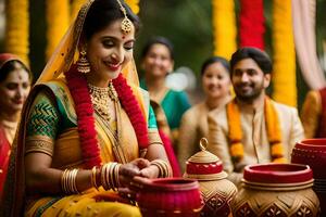 une la mariée et jeune marié dans traditionnel Indien tenue. généré par ai photo