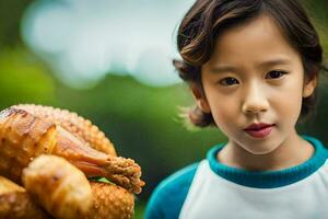 une Jeune garçon est en portant une grand pièce de poulet. généré par ai photo