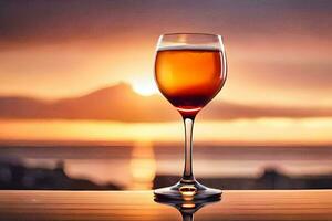 une verre de du vin sur une table avec le Soleil réglage derrière il. généré par ai photo