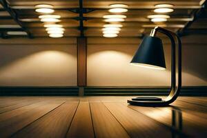 une lampe sur une en bois sol dans une chambre. généré par ai photo