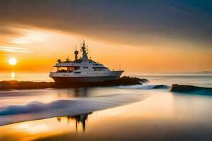 une yacht est séance sur le rive à le coucher du soleil. généré par ai photo