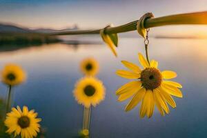 tournesols pendaison de une câble près une lac. généré par ai photo