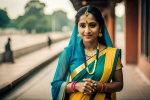 une femme dans traditionnel sari pose pour une photo. généré par ai photo