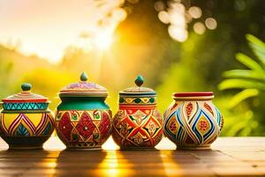 coloré Indien poterie sur en bois tableau. généré par ai photo