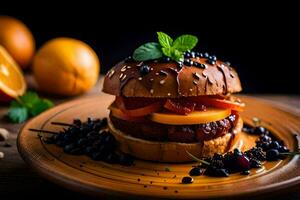 une Hamburger avec fruit et des noisettes sur une en bois plaque. généré par ai photo