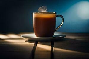 une tasse de café sur une en bois tableau. généré par ai photo