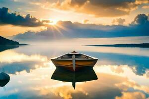 une bateau est flottant dans le calme l'eau à le coucher du soleil. généré par ai photo