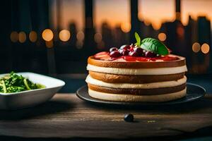 une gâteau avec baies et épinard sur une en bois tableau. généré par ai photo