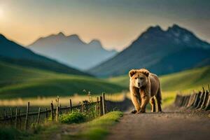 une ours en marchant le long de une route dans le montagnes. généré par ai photo